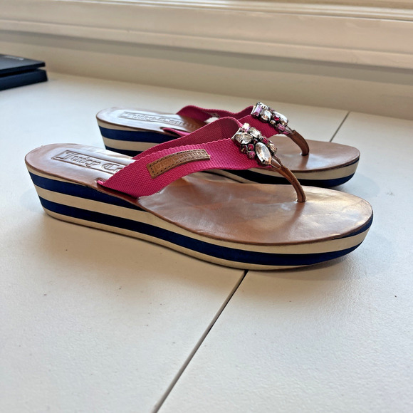 Juicy Couture SZ 10 Pink Y2K Flip Flops Sandals Rhinestone LeatherWedge Barbie - Picture 3 of 10